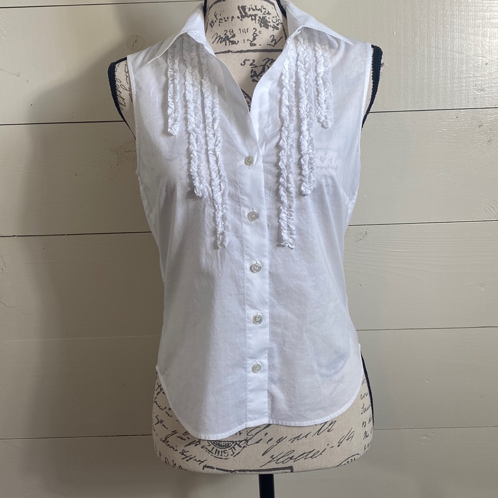 BCBG Max Azaria White V neck button up shirt with ruffles